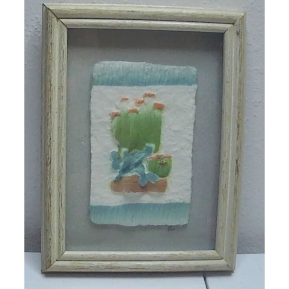 Figi Graphics Vintage Hand Cast Paper Framed Art Southwest Cactus Signed 6x8"
